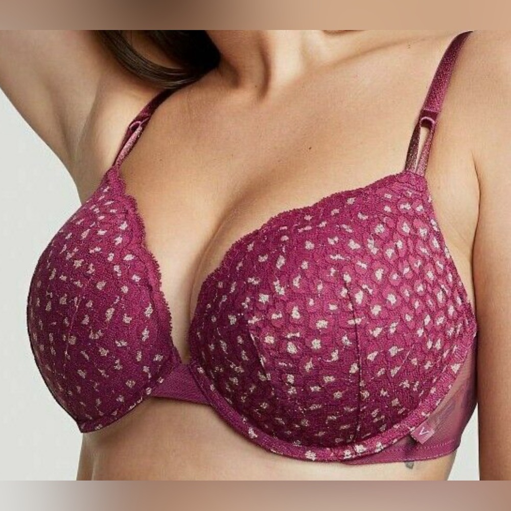VS Sexy Tee Push-Up Leopard Lace Bra Berry Gold Shine 34D
